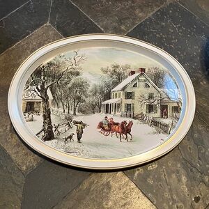 Carrier and Ives Homestead Winter Scene Oval Decorative tray